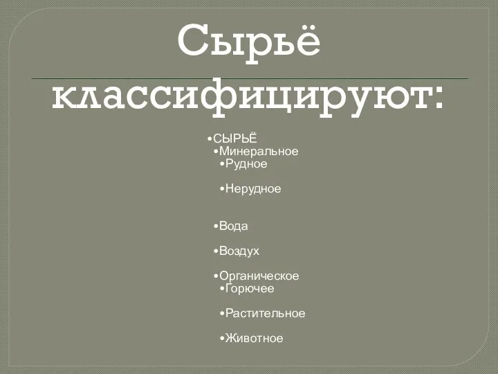 Сырьё классифицируют: СЫРЬЁ Минеральное Рудное Нерудное Вода Воздух Органическое Горючее Растительное Животное