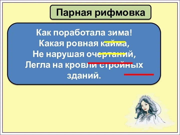 Парная рифмовка Как поработала зима! Какая ровная кайма, Не нарушая очертаний, Легла на кровли стройных зданий.