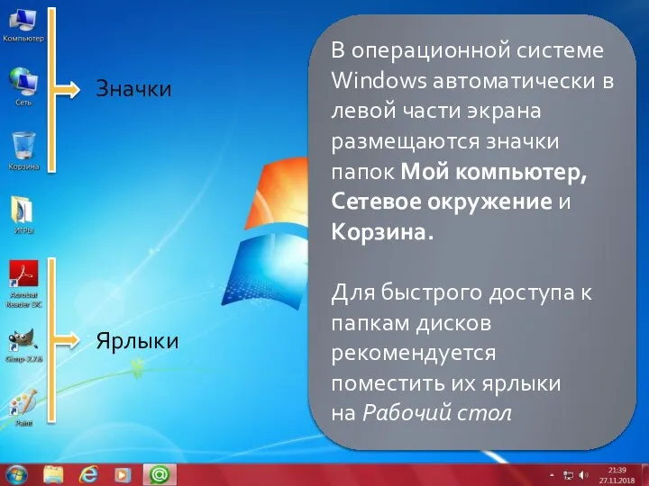 Значки Ярлыки В операционной системе Windows автоматически в левой части экрана размещаются