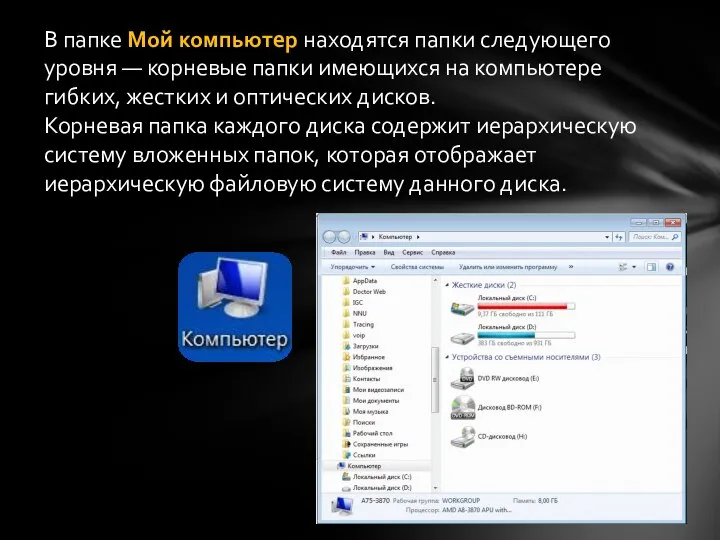 В папке Мой компьютер находятся папки следующего уровня — корневые папки имеющихся