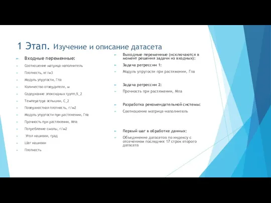 1 Этап. Изучение и описание датасета Входные переменные: Соотношение матрица-наполнитель Плотность, кг/м3