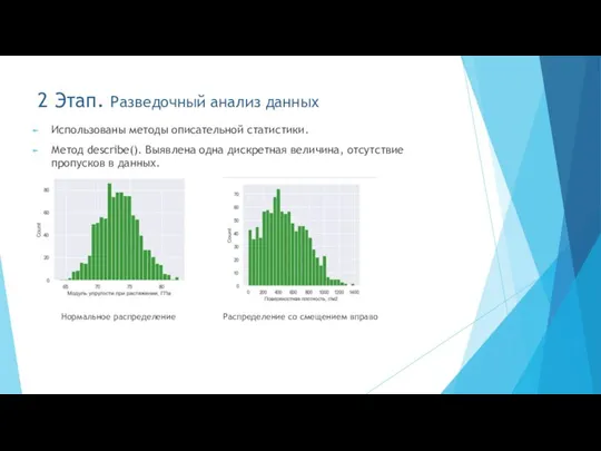 2 Этап. Разведочный анализ данных Использованы методы описательной статистики. Метод describe(). Выявлена