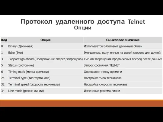 Протокол удаленного доступа Telnet Опции