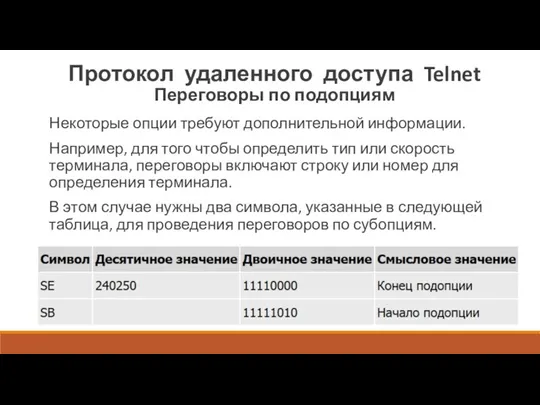 Протокол удаленного доступа Telnet Переговоры по подопциям Некоторые опции требуют дополнительной информации.