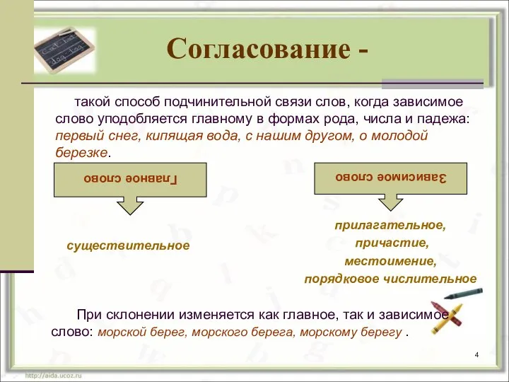 Согласование - такой способ подчинительной связи слов, когда зависимое слово уподобляется главному