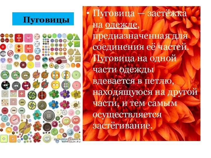 Пуговицы Пуговица — застёжка на одежде, предназначенная для соединения её частей. Пуговица