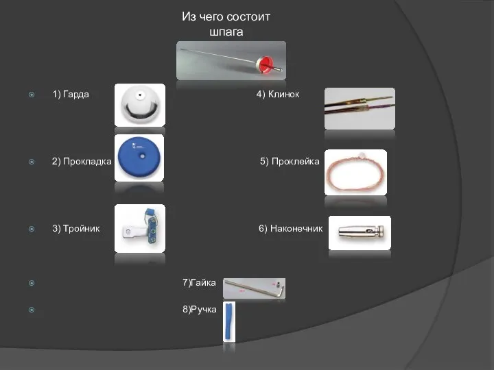 Из чего состоит шпага 1) Гарда 4) Клинок 2) Прокладка 5) Проклейка