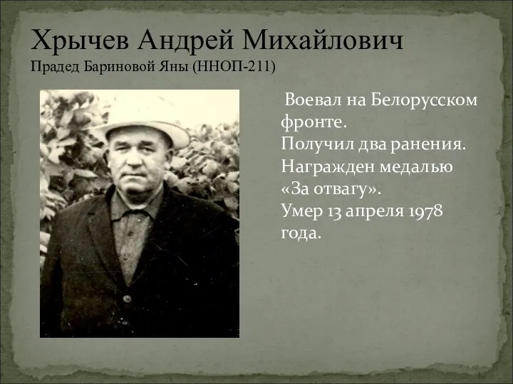 Хрычев Андрей Михайлович Прадед Бариновой Яны (ННОП-211) Воевал на Белорусском фронте. Получил