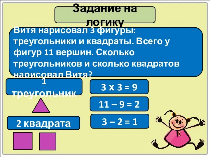 Задание на логику Витя нарисовал 3 фигуры: треугольники и квадраты. Всего у