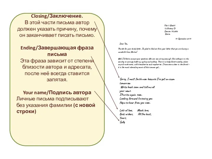 Closing/Заключение. В этой части письма автор должен указать причину, почему он заканчивает