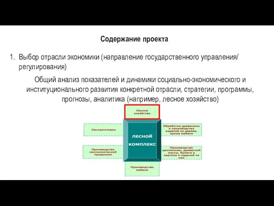 Содержание проекта Выбор отрасли экономики (направление государственного управления/ регулирования) Общий анализ показателей