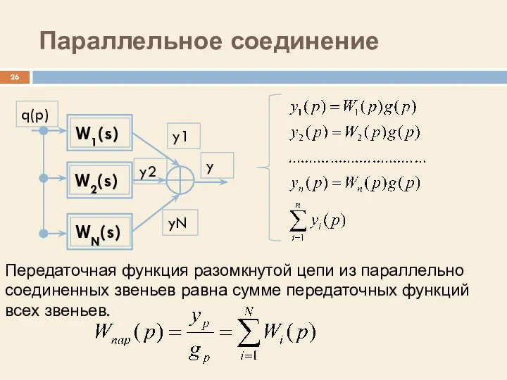 Параллельное соединение Передаточная функция разомкнутой цепи из параллельно соединенных звеньев равна сумме