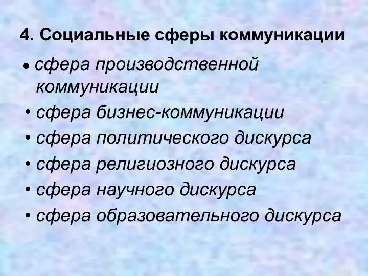 4. Социальные сферы коммуникации ● сфера производственной коммуникации сфера бизнес-коммуникации сфера политического