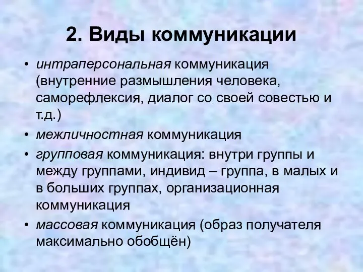 2. Виды коммуникации интраперсональная коммуникация (внутренние размышления человека, саморефлексия, диалог со своей