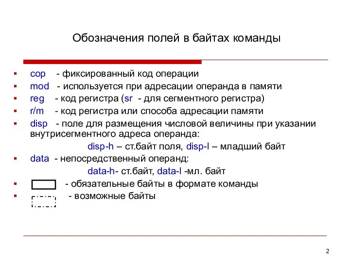 Обозначения полей в байтах команды cop - фиксированный код операции mod -