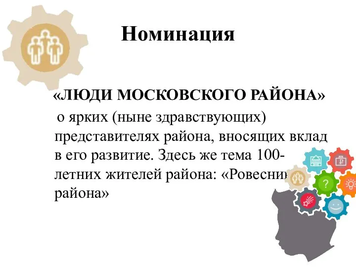 Номинация «ЛЮДИ МОСКОВСКОГО РАЙОНА» о ярких (ныне здравствующих) представителях района, вносящих вклад