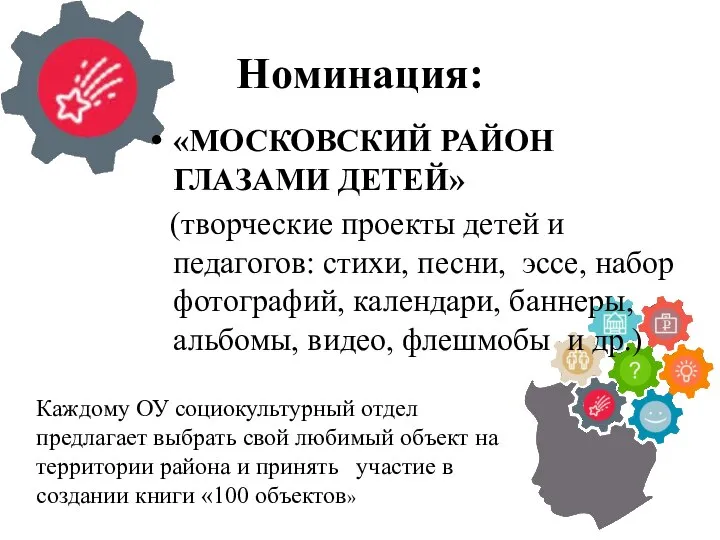 Номинация: «МОСКОВСКИЙ РАЙОН ГЛАЗАМИ ДЕТЕЙ» (творческие проекты детей и педагогов: стихи, песни,