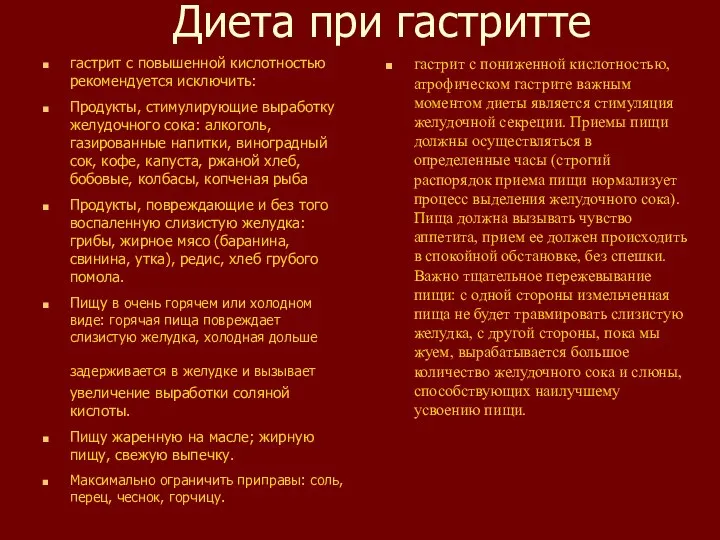 Диета при гастритте гастрит с повышенной кислотностью рекомендуется исключить: Продукты, стимулирующие выработку