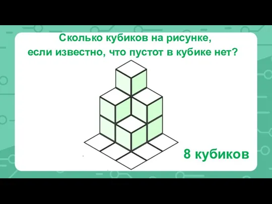 Сколько кубиков на рисунке, если известно, что пустот в кубике нет? 8 кубиков