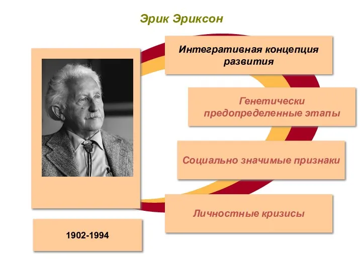 Эрик Эриксон 1902-1994 Интегративная концепция развития Генетически предопределенные этапы Социально значимые признаки Личностные кризисы