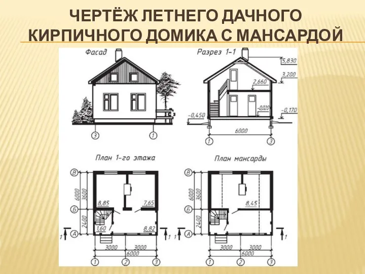 ЧЕРТЁЖ ЛЕТНЕГО ДАЧНОГО КИРПИЧНОГО ДОМИКА С МАНСАРДОЙ