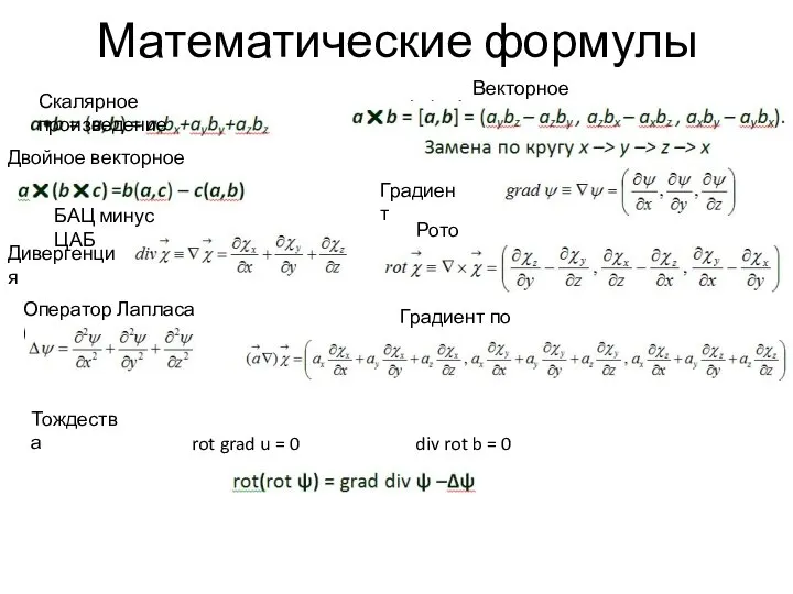 Математические формулы Скалярное произведение Векторное произведение Двойное векторное произведение БАЦ минус ЦАБ