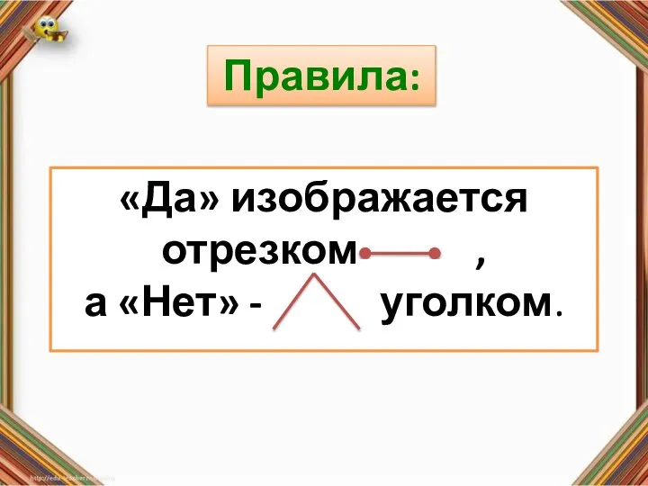 Правила: «Да» изображается отрезком , а «Нет» - уголком . Правила: «Да»