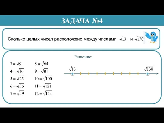 Сколько целых чисел расположено между числами и . ЗАДАЧА №4 Решение: