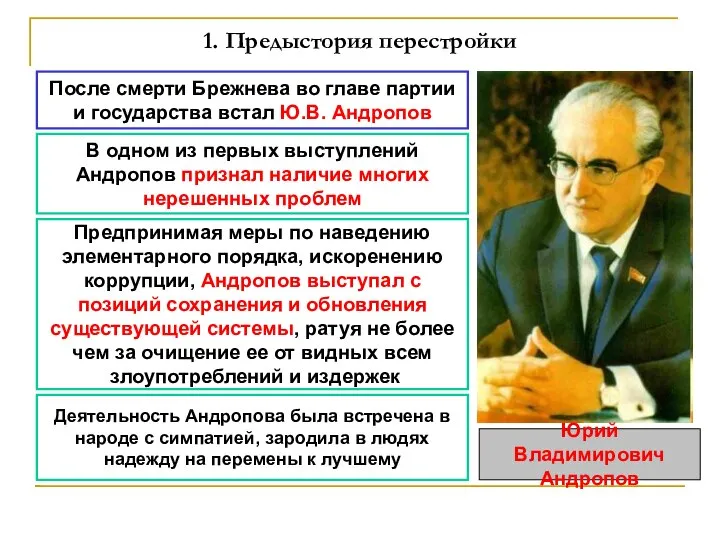 1. Предыстория перестройки После смерти Брежнева во главе партии и государства встал