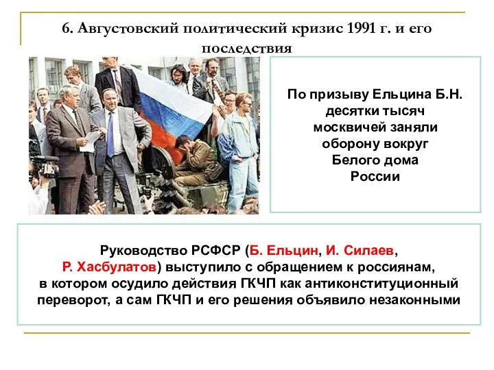 6. Августовский политический кризис 1991 г. и его последствия Руководство РСФСР (Б.