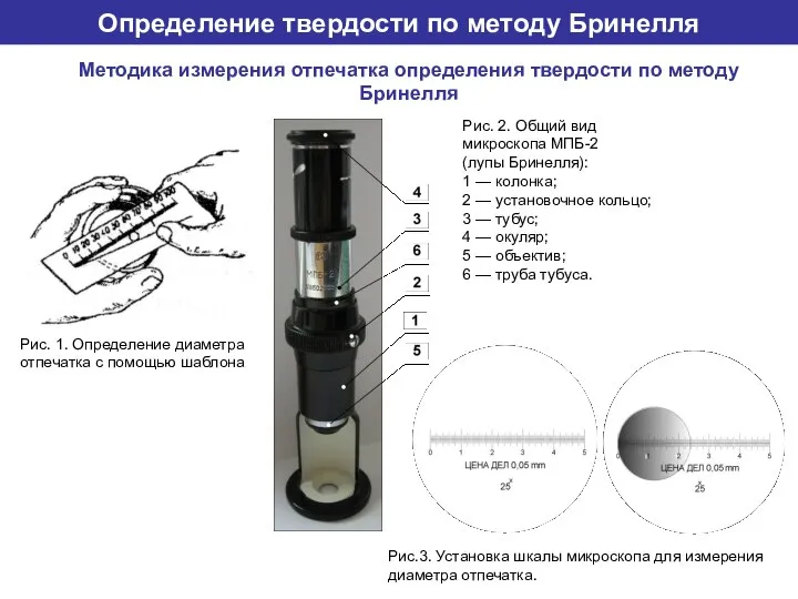 Определение твердости по методу Бринелля Методика измерения отпечатка определения твердости по методу