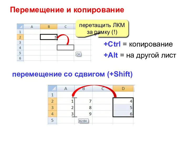 Перемещение и копирование перетащить ЛКМ за рамку (!) +Ctrl = копирование +Alt