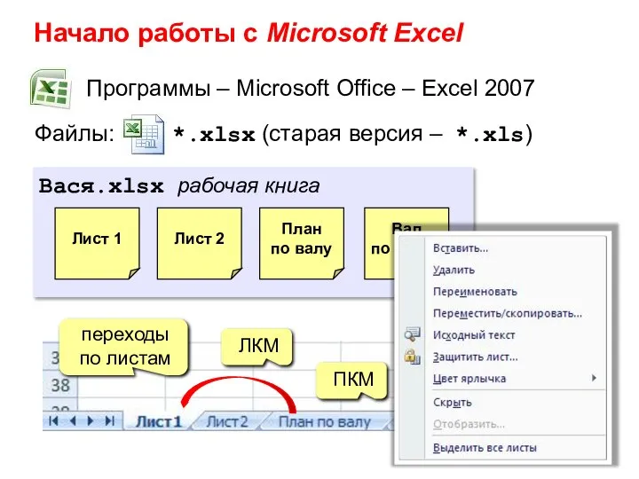 Начало работы с Microsoft Excel Программы – Microsoft Office – Excel 2007