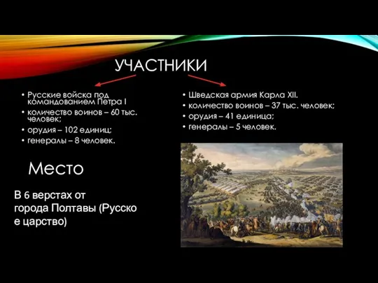 УЧАСТНИКИ Русские войска под командованием Петра I количество воинов – 60 тыс.