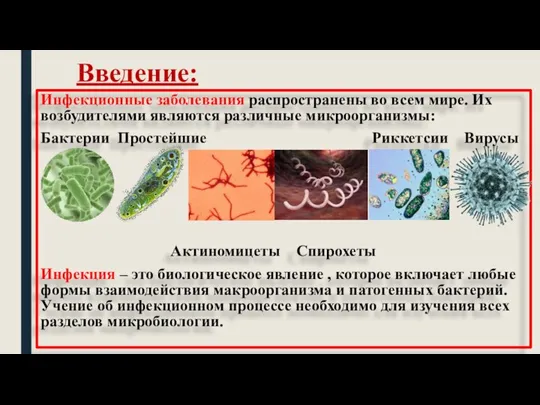 Введение: Инфекционные заболевания распространены во всем мире. Их возбудителями являются различные микроорганизмы: