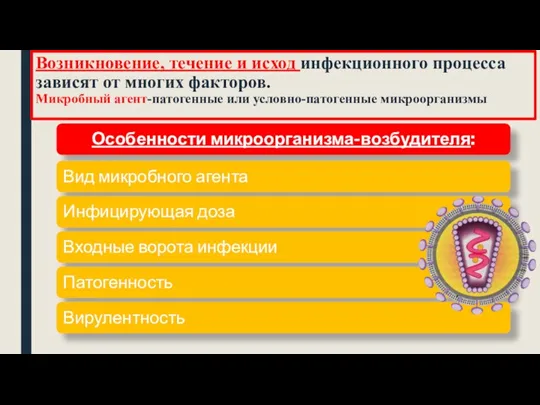 Возникновение, течение и исход инфекционного процесса зависят от многих факторов. Микробный агент-патогенные или условно-патогенные микроорганизмы