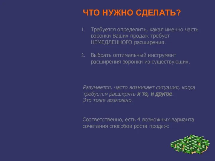 ЧТО НУЖНО СДЕЛАТЬ? Требуется определить, какая именно часть воронки Ваших продаж требует