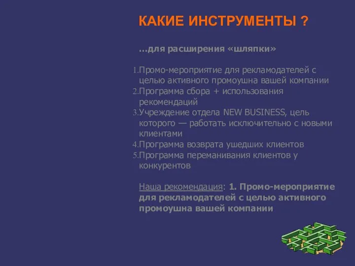 КАКИЕ ИНСТРУМЕНТЫ ? …для расширения «шляпки» Промо-мероприятие для рекламодателей с целью активного