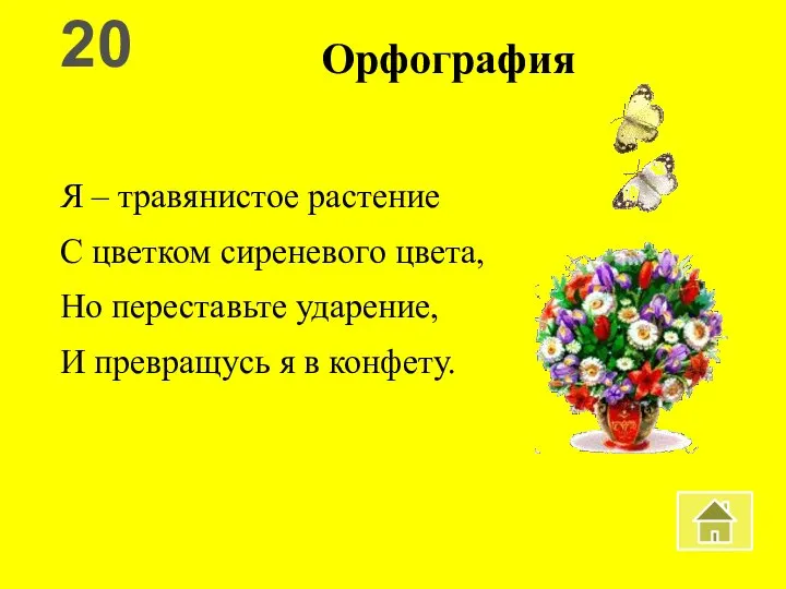 Орфография Я – травянистое растение С цветком сиреневого цвета, Но переставьте ударение,