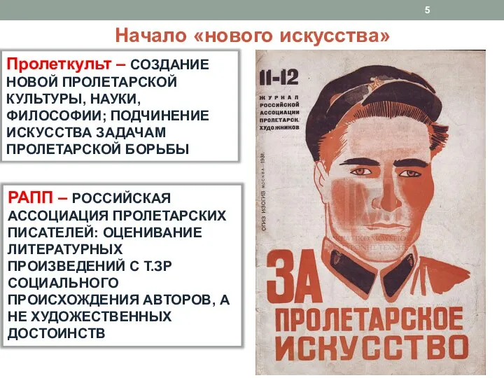 Начало «нового искусства» Пролеткульт – СОЗДАНИЕ НОВОЙ ПРОЛЕТАРСКОЙ КУЛЬТУРЫ, НАУКИ, ФИЛОСОФИИ; ПОДЧИНЕНИЕ