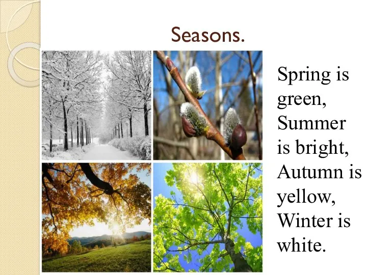 Seasons. Spring is green, Summer is bright, Autumn is yellow, Winter is white.