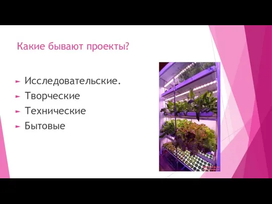 Какие бывают проекты? Исследовательские. Творческие Технические Бытовые