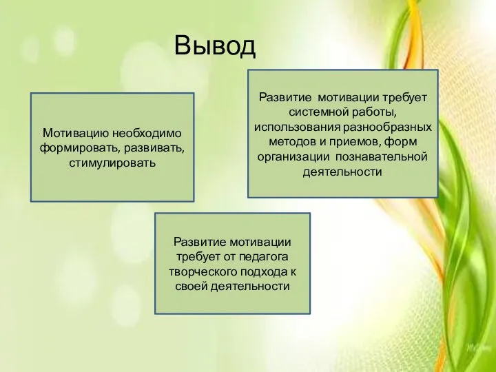 Вывод Развитие мотивации требует системной работы, использования разнообразных методов и приемов, форм