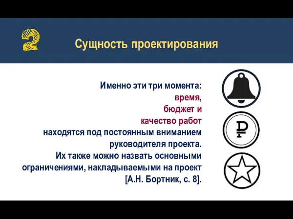 Сущность проектирования Именно эти три момента: время, бюджет и качество работ находятся