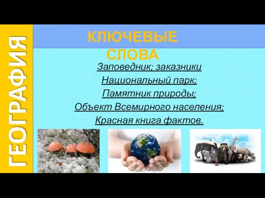 Заповедник; заказники Национальный парк; Памятник природы; Объект Всемирного населения; Красная книга фактов. КЛЮЧЕВЫЕ СЛОВА