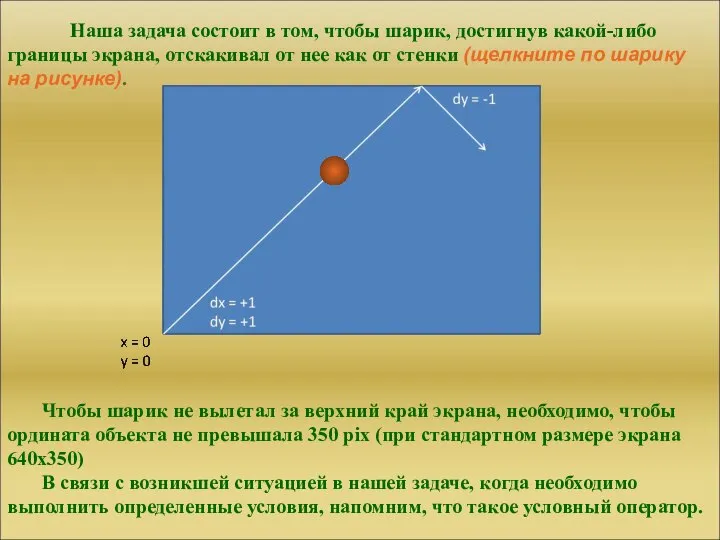 Наша задача состоит в том, чтобы шарик, достигнув какой-либо границы экрана, отскакивал