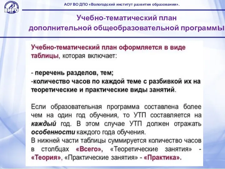 АОУ ВО ДПО «Вологодский институт развития образования». Учебно-тематический план дополнительной общеобразовательной программы