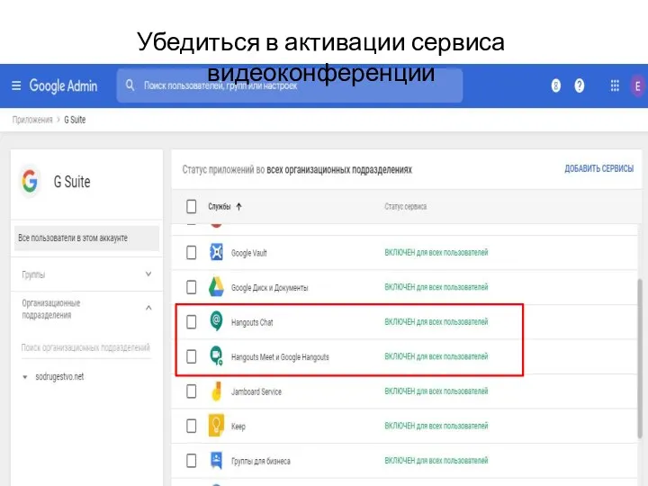 Убедиться в активации сервиса видеоконференции