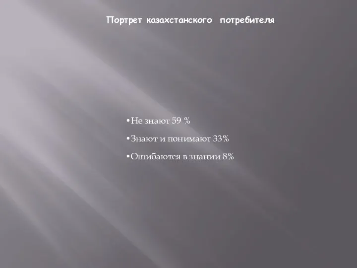 Портрет казахстанского потребителя Не знают 59 % Знают и понимают 33% Ошибаются в знании 8%