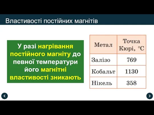 У разі нагрівання постійного магніту до певної температури його магнітні властивості зникають Властивості постійних магнітів